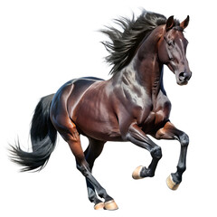 Obraz premium Handsome black stallion galloping, jumping. isolated on white background as transparent. PNG. AI GENERATED.