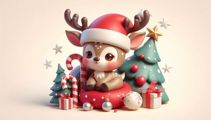 Cute reindeer in Santa hat. 3D design, festive Christmas theme