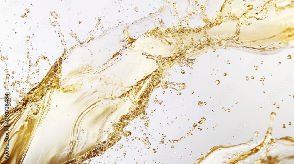 Poster artistic motion of champagne splashing out of a glass, creating dynamic golden patterns, on a clean 