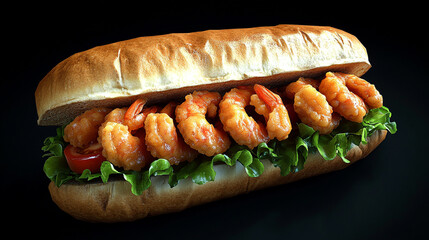 Delicious Shrimp Po boy Sandwich on Black Background