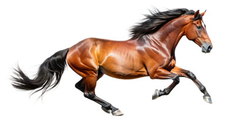 Handsome brown stallion galloping, jumping. isolated on white background as transparent. PNG. AI GENERATED.