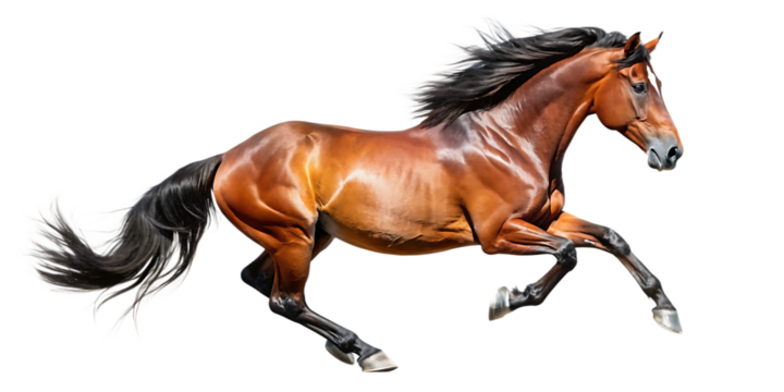 Handsome brown stallion galloping, jumping. isolated on white background as transparent. PNG. AI GENERATED.