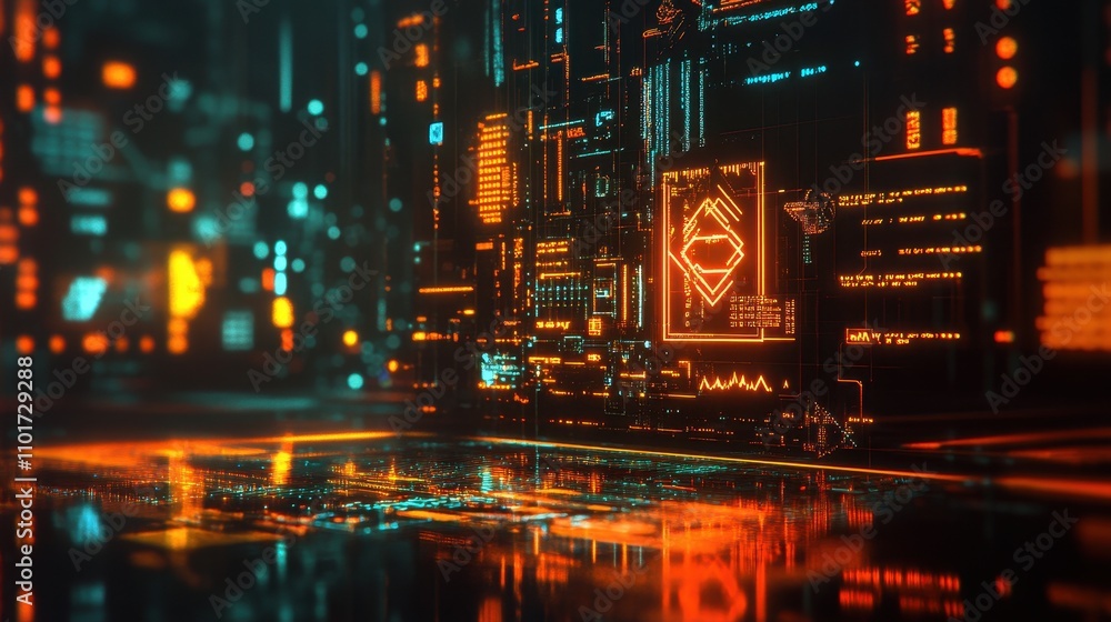 Poster futuristic digital interface with glowing elements and data streams.