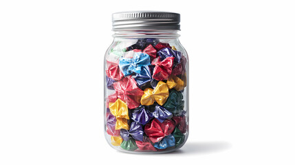 A transparent mason jar filled with colorful candy isolated on white background 