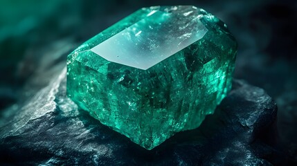 Obraz premium Close-up of a vibrant green gemstone resting on dark rock.
