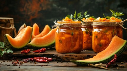 Rustic scene of muskmelon chutney jars, surrounded by fresh muskmelon slices and dried chili peppers