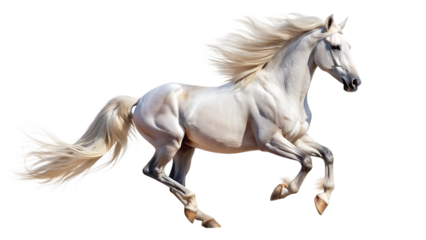 Handsome white stallion galloping, jumping. isolated on white background as transparent. PNG. AI GENERATED.