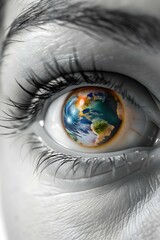 Naklejka premium Macro Eye Shot with Digital Globe Reflection Symbolizing Global Connectivity