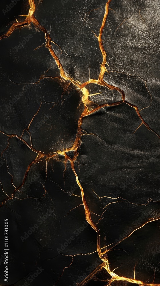 Poster a close-up of a dark textured surface with intricate gold cracks glowing from within, creating a dra