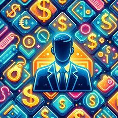 Seamless Flat Glossy Tile Pattern with Neon Currency Symbols and Discount Tags for Vibrant Business Marketing