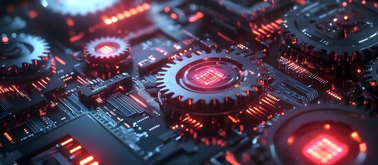 Close-up of intricate gears and circuits glowing red.