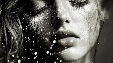 Fototapeta premium Artistic black and white portrait with water droplets and intense focus