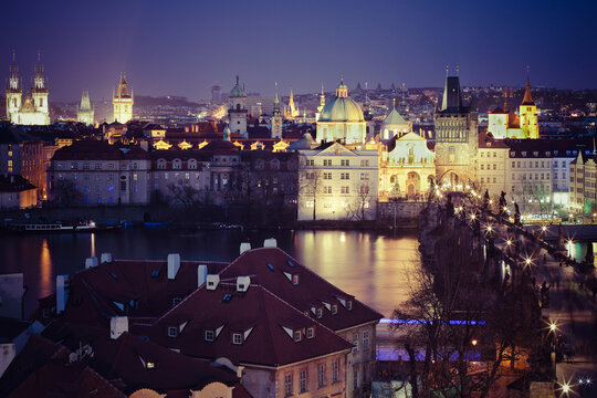 Panoramic view of Charles Bridge at night
