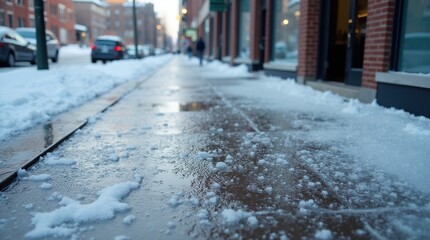 Icy Sidewalk Covered in Snow Near Urban Building Entrance