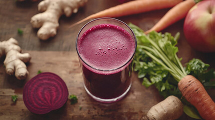 refreshing glass of beetroot, apple, and carrot juice surrounded by fresh ingredients on wooden table. vibrant colors and natural textures create inviting and healthy atmosphere