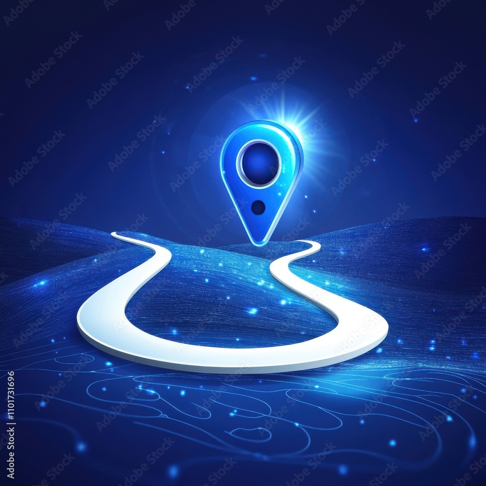 Poster a futuristic blue location pin on a glowing path, symbolizing navigation and connectivity in a digit