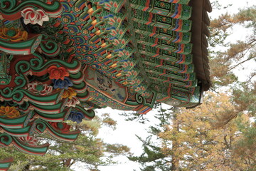 대한민국 조선의 전통 가옥 한옥의 단청 지붕의 신비로운 동양의 아름다운 기와 건축 예술