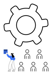 Large gear symbol six human figures, individual holding clipboard. Ideal for teamwork, project management, organization, efficiency, workflow, strategy, communication. Line metaphor