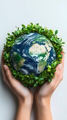 Hands holding a small globe surrounded by green leaves, symbolizing environmental care.