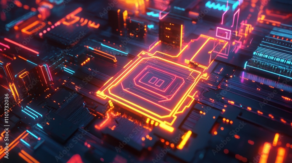 Poster a vibrant, futuristic circuit board with glowing lines and components.