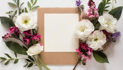Vertical Top View Blank Card with Flowers - Abstract Organic Floral Design Featuring Blooming Florals on White Background, Ideal for Wedding Invitations, Stationery, or Elegant Event Decor