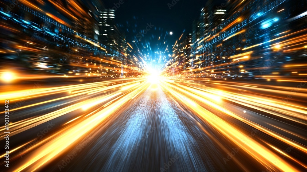 Poster glowing luminous lines in dynamic motion blur with vibrant colorful lighting effects