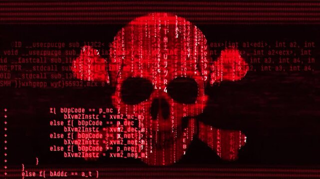 Abstract digital glitch effect with skull. Noise looped background for hacked mobile phone screen. Error signal loop. Virus code and software hack concept. Cyber security