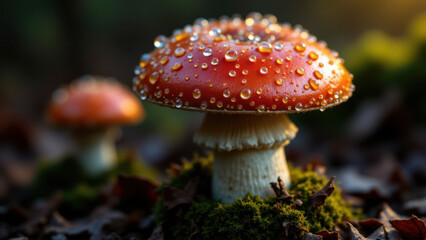 A close-up photo capturing the delicate dew drops on a mushroom cap.