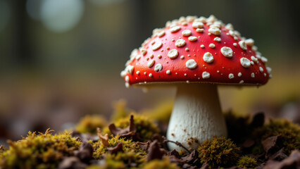A vibrant red mushroom with white spots growing from mossy ground.