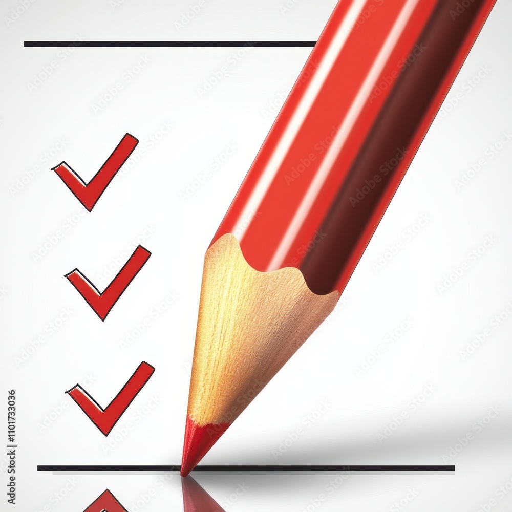 Aufkleber a close-up of a red pencil hovering over a checklist with three checkmarks, symbolizing completion a