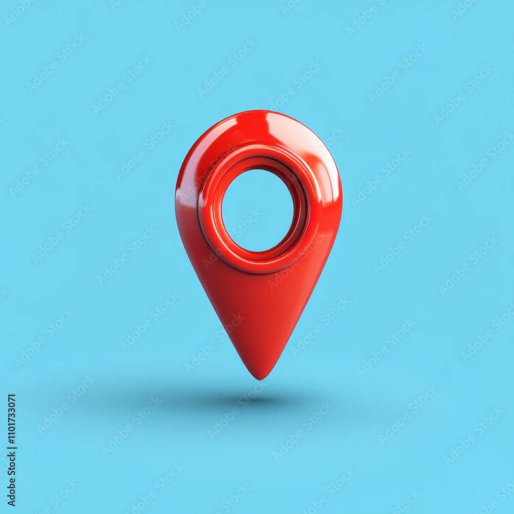 Poster a shiny red location pin on a vibrant blue background, symbolizing navigation and mapping.