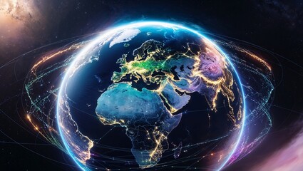 Obraz premium Networking Glowing Earth with global network of digital connections