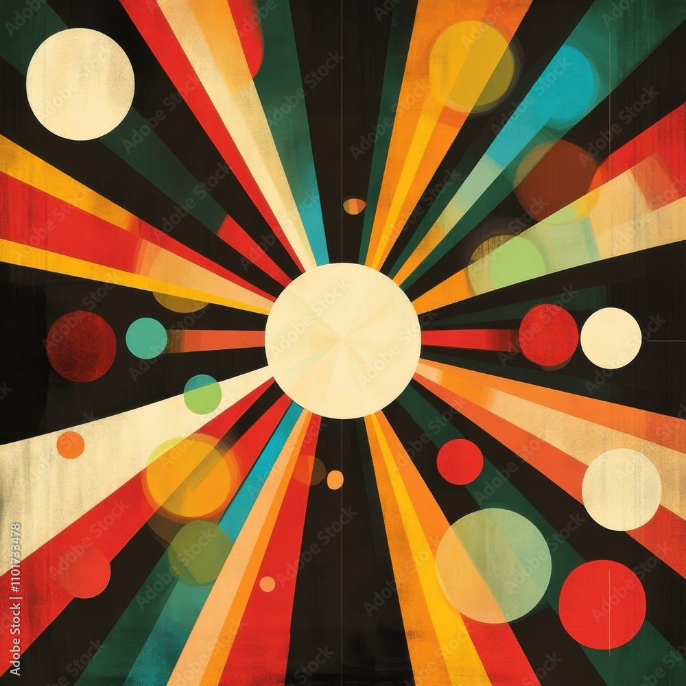 Poster abstract colorful rays radiate from a central light source, creating a vibrant retro-inspired design