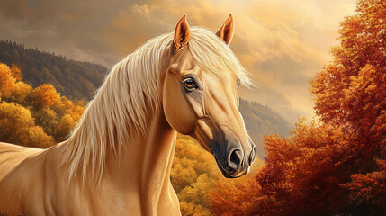 Obraz premium Majestic Palomino Horse in Autumn Landscape