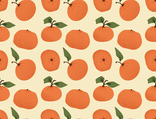 A seamless vector pattern featuring hand-drawn orange tangerines with green leaves, arranged on a soft beige background, perfect for fabric, wallpapers, and stationery designs