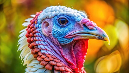 Close-Up of a White Broad Breasted Turkey with Prominent Snood, Caruncles, and Wattle in Detailed Focus
