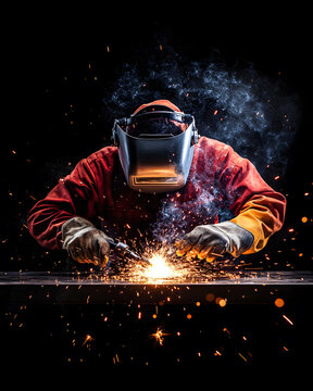 worker while doing a welding with arc welder welding or welding Sparks for background, Backdrop and manufacturing.