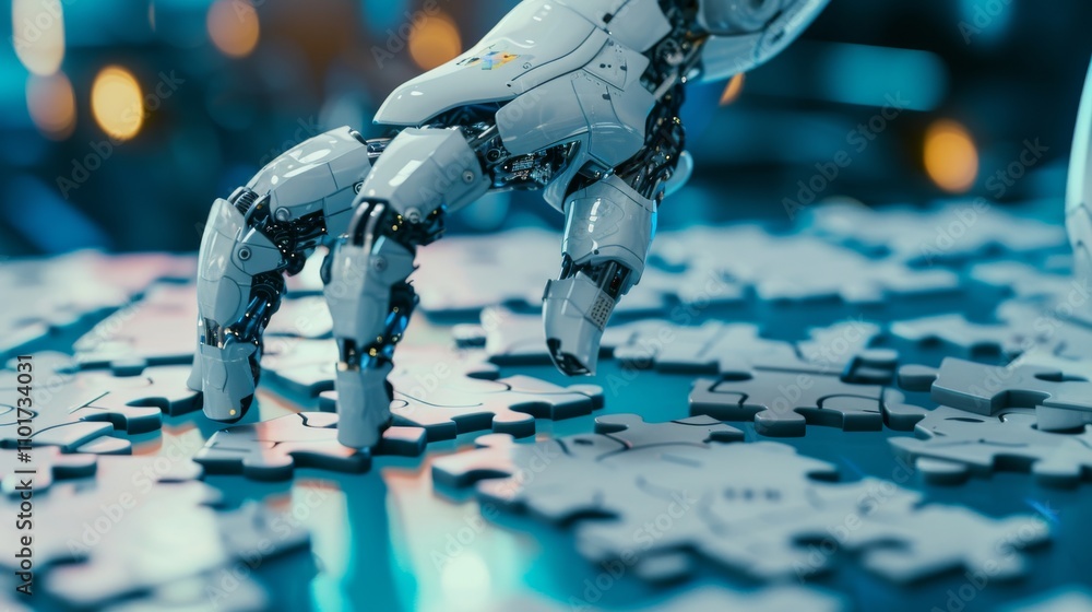 Poster a close-up of a robotic hand precisely placing puzzle pieces on a reflective surface, representing a