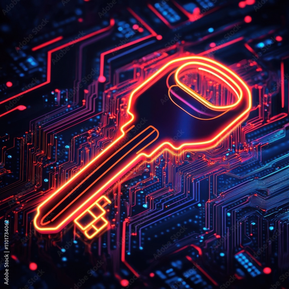 Poster a digital key symbol glowing against a futuristic circuit board background, representing security an