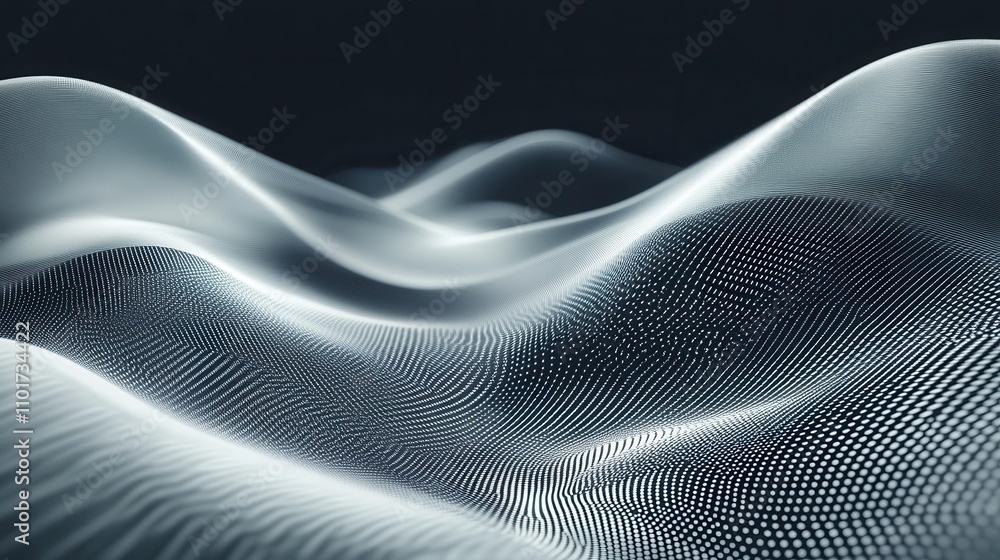 Poster abstract digital landscape with flowing curves and dotted texture.