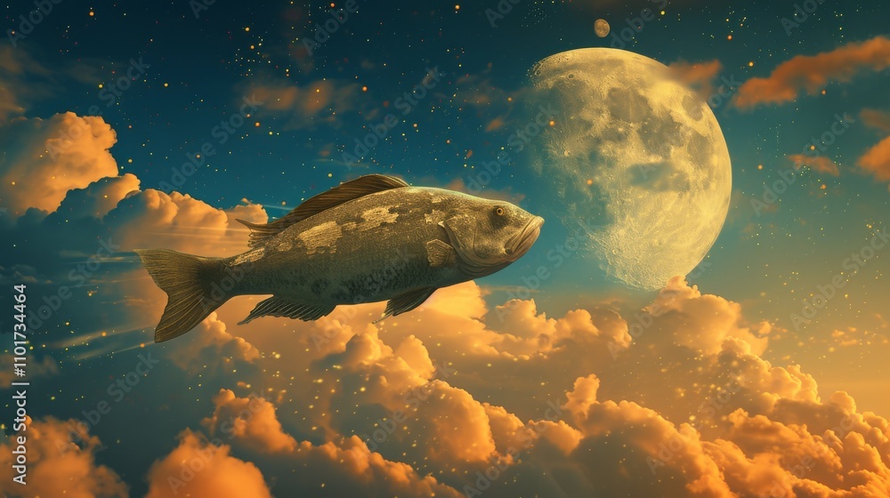 Poster a large fish glides through a sky filled with clouds, illuminated by a glowing moon. the image combi