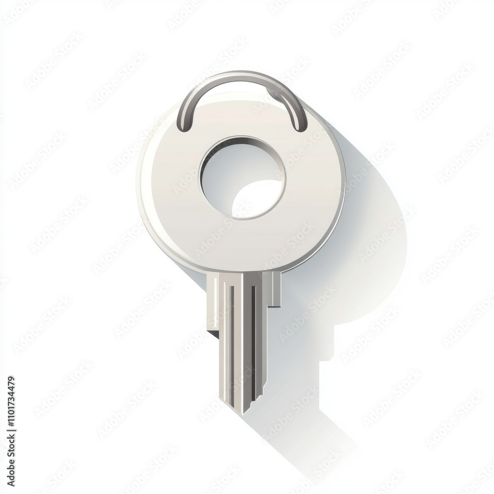 Poster a close-up of a metallic key with a simple, elegant design, casting a subtle shadow against a white 