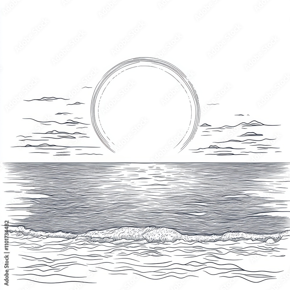 Poster serene ocean view at sunrise with gentle waves and soft clouds, creating a peaceful atmosphere.