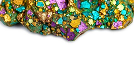 Macro photo of Peacock ore (Chalcopyrite) from Mexico on white background, showcasing vibrant metallic colors, perfect for geology or mining concepts,  geology,  acid treated,  copy space