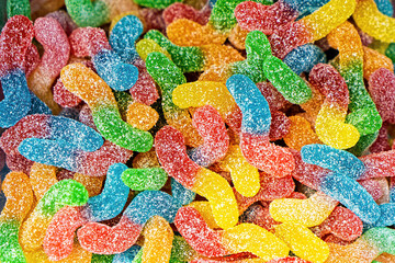 Assorted colorful gummy jelly candies. Top view. Jelly sweets.