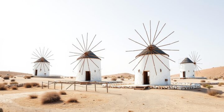Hyper realistic photo of ancient windmills in Lassithi plateau, Crete, Greece with white background and copy space,  traditional architecture,  scenic,  Crete