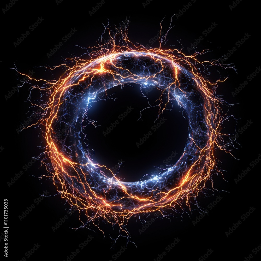 Poster a mesmerizing circular pattern of blue and orange electric arcs on a black background, creating a dy