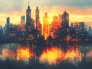 Obraz premium Digitally Rendered Cityscape Reflecting Financial Data and Business Growth