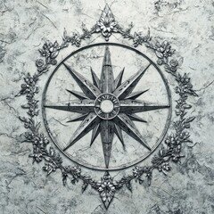Fototapeta premium A detailed vintage compass rose surrounded by intricate floral patterns, creating a classic and elegant aesthetic.