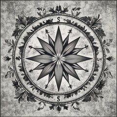 Intricate black and white compass rose design with floral accents, symbolizing guidance and direction.